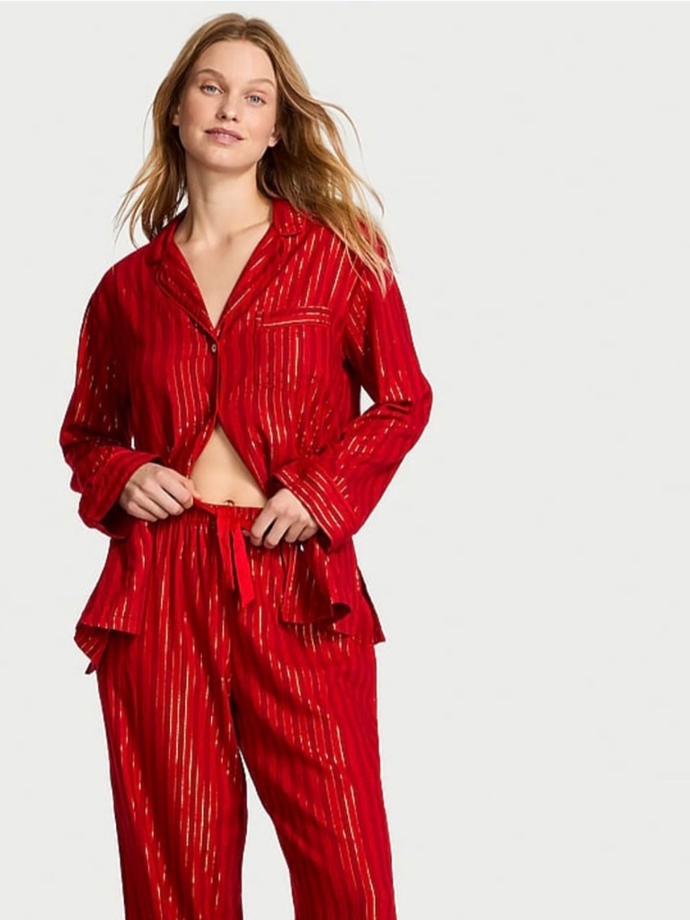 Victoria's Secret Red Gold Metallic Striped Pajama Set XL Cozy Soft